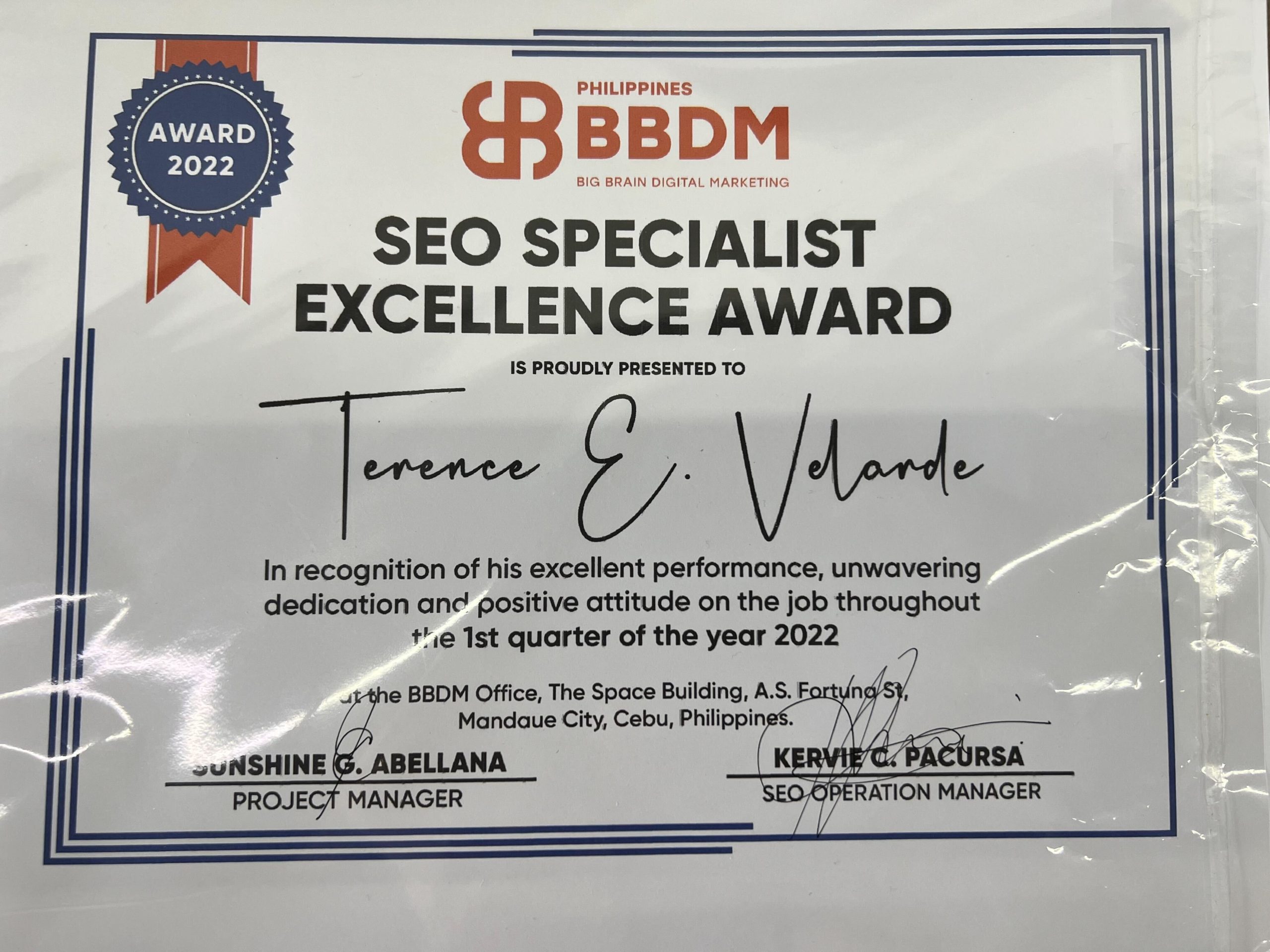 Terence Velarde - SEO Specialist Excellence Award