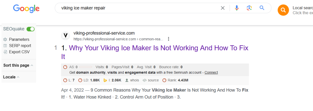 Google Search First Page Result | Viking Ice Maker Repair keyword