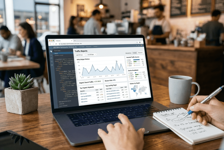 Laptop in a coffee shop displaying a website SEO performance and traffic report dashboard.
